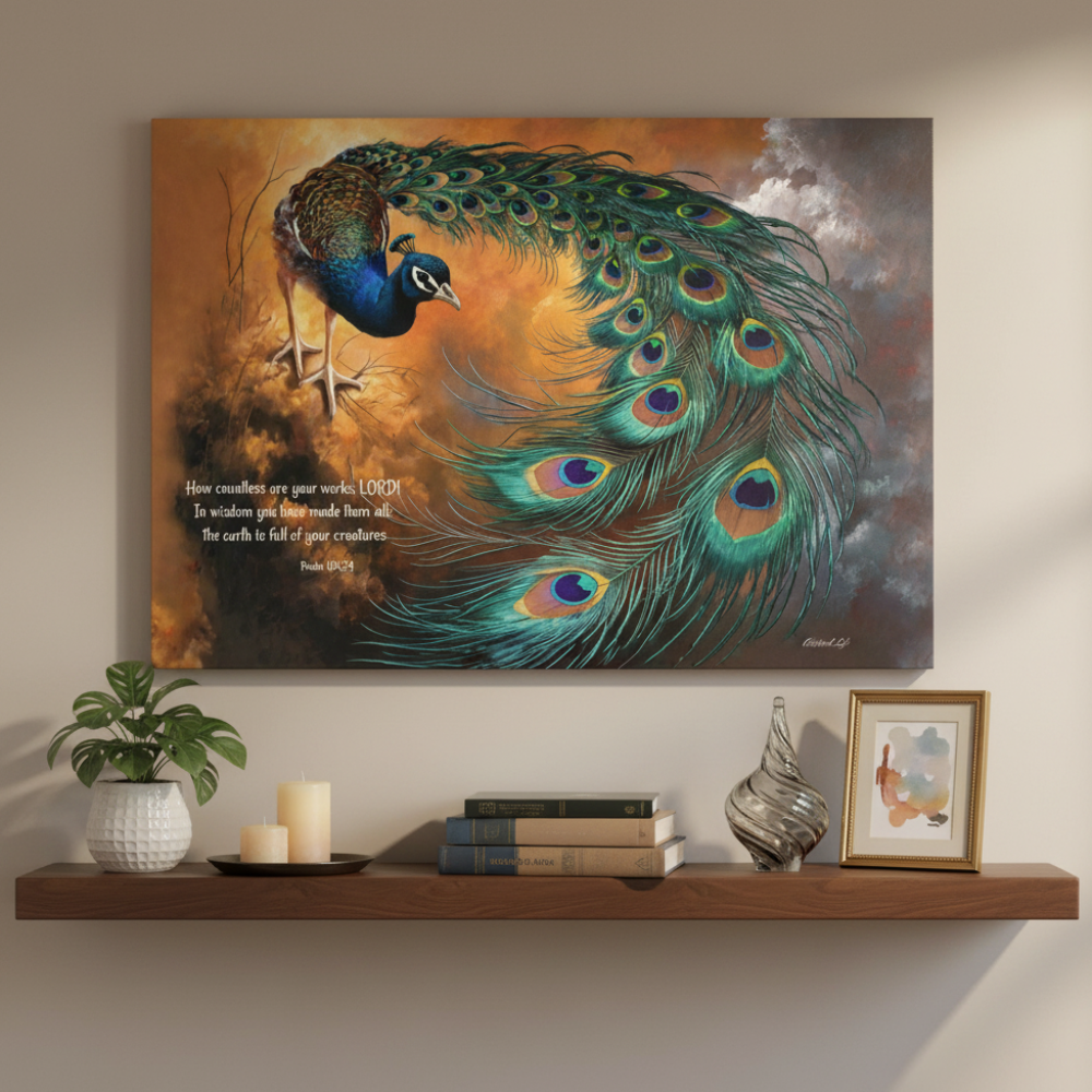Peacock  canvas painting on a wall above a wooden shelf with decor items.