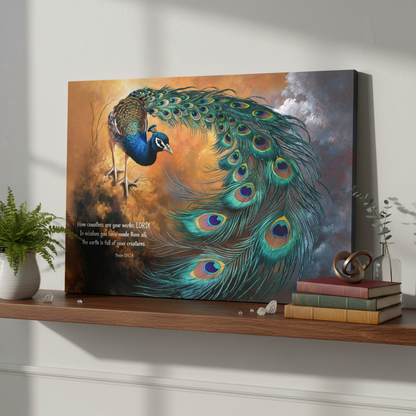 Canvas print of a peacock on a wooden shelf with books and a plant.