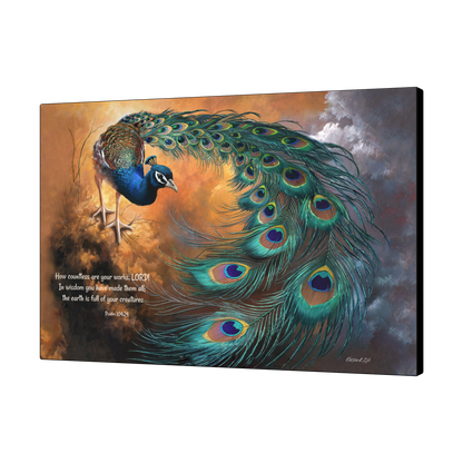 Peacock canvas art print - with Psalm 104:24 Bible Quote, Christian art celebrating God's creative power