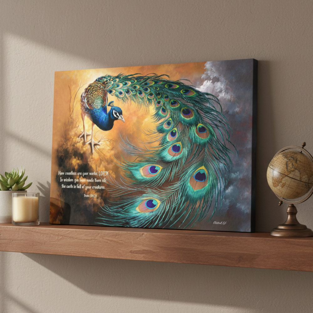 Peacock canvas art print - with Psalm 104:24 Bible Quote, Christian art celebrating God's creative power