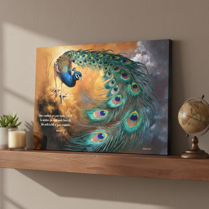 Peacock canvas art print - with Psalm 104:24 Bible Quote, Christian art celebrating God's creative power