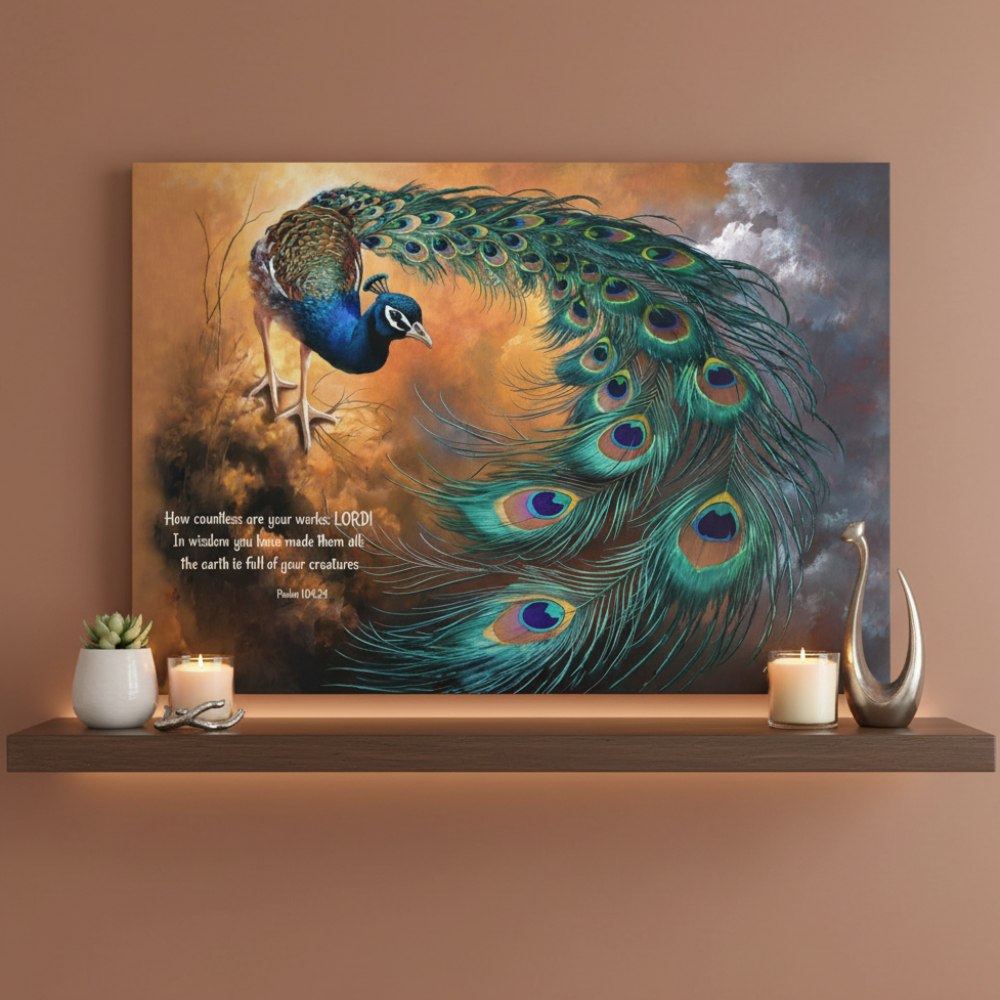 Peacock canvas art print - with Psalm 104:24 Bible Quote, Christian art celebrating God's creative power