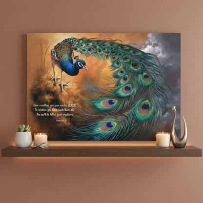 Peacock canvas art print - with Psalm 104:24 Bible Quote, Christian art celebrating God's creative power