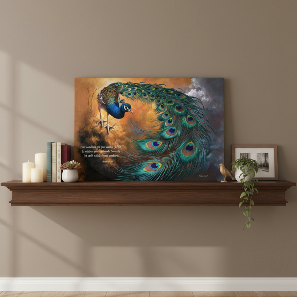 Peacock canvas art print - with Psalm 104:24 Bible Quote, Christian art celebrating God's creative power