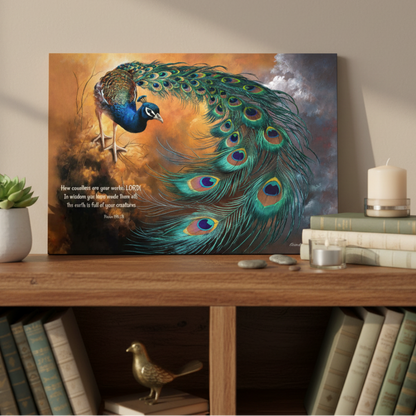 Peacock canvas art print - with Psalm 104:24 Bible Quote, Christian art celebrating God's creative power