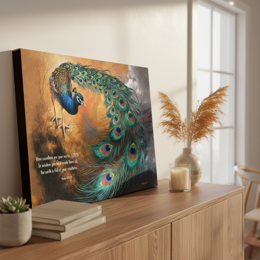 Peacock painting on a wooden surface with decor items