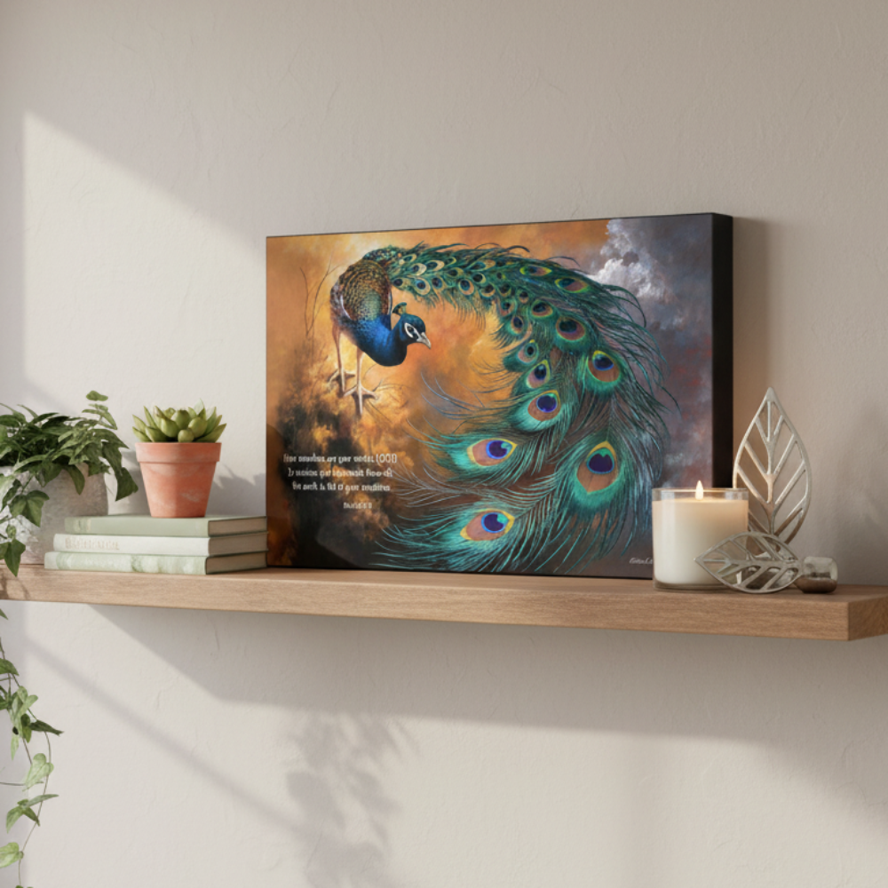 Peacock painting on a shelf with books, plants, and a candle.