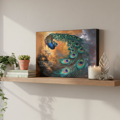 Peacock painting on a shelf with books, plants, and a candle.