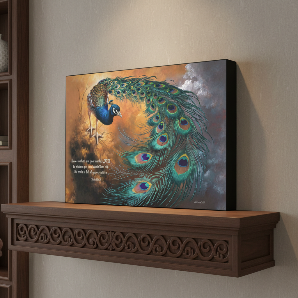 Peacock canvas art print - with Psalm 104:24 Bible Quote, Christian art celebrating God's creative power