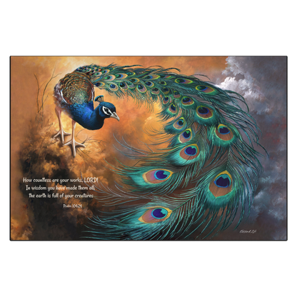 Canvas of Peacock with open tail feathers against a colorful background