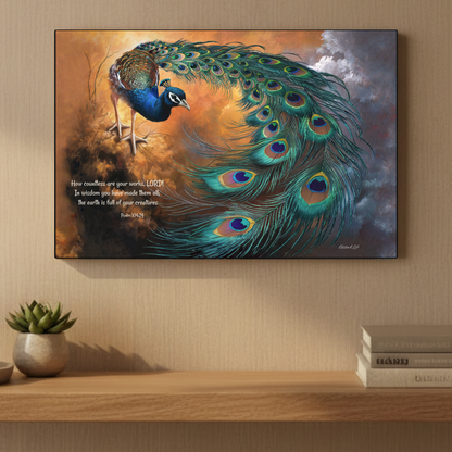 Peacock canvas art print - with Psalm 104:24 Bible Quote, Christian art celebrating God's creative power