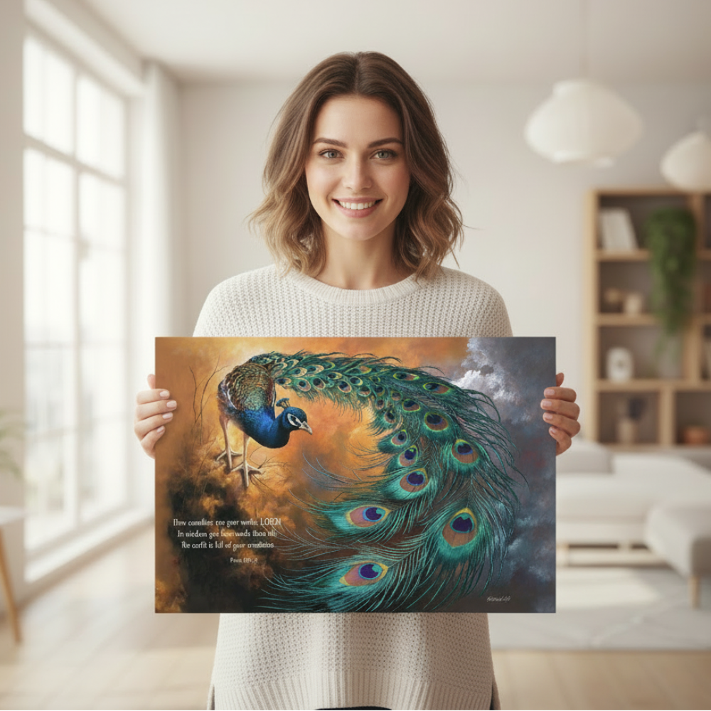 Woman holding a painting of a peacock in a bright room