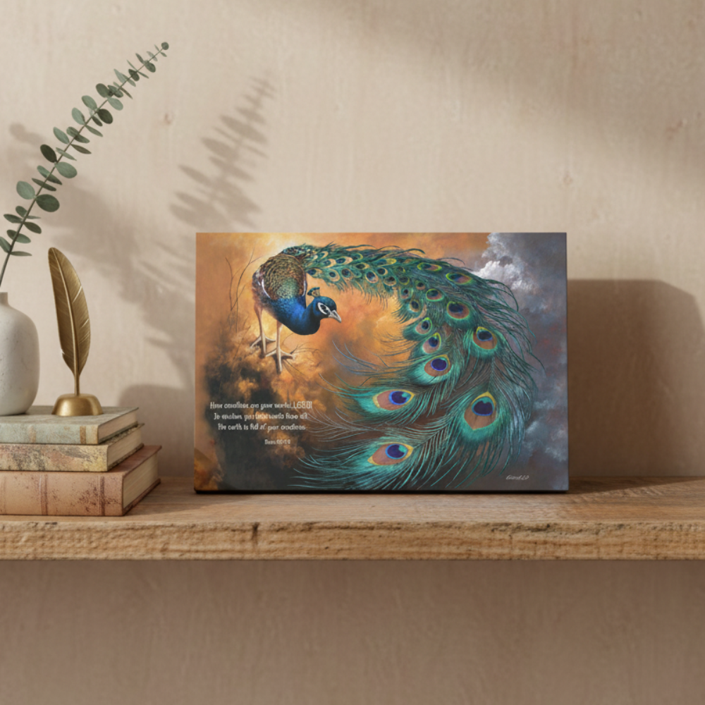 Canvas art with a peacock design on a wooden shelf with decor items.