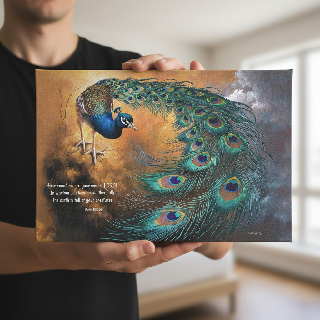 Person holding a canvas painting of a peacock with a Bible verse