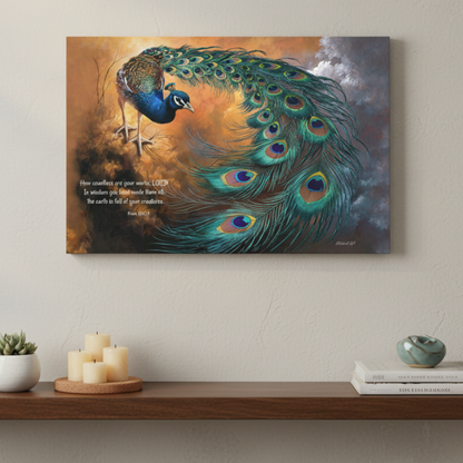 Peacock canvas art print - with Psalm 104:24 Bible Quote, Christian art celebrating God's creative power