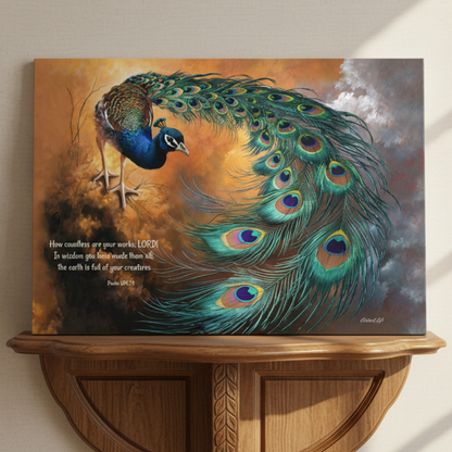 Canvas print of a peacock with a Bible verse on a wooden shelf.