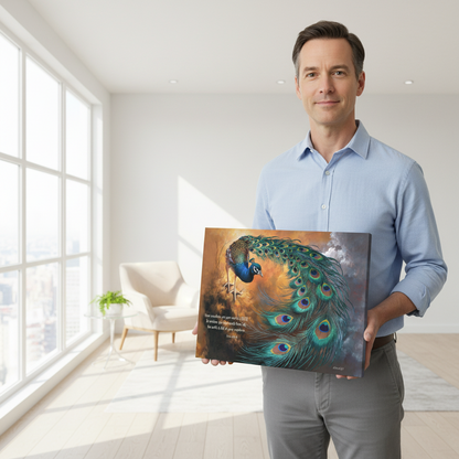 Peacock canvas art print - with Psalm 104:24 Bible Quote, Christian art celebrating God's creative power