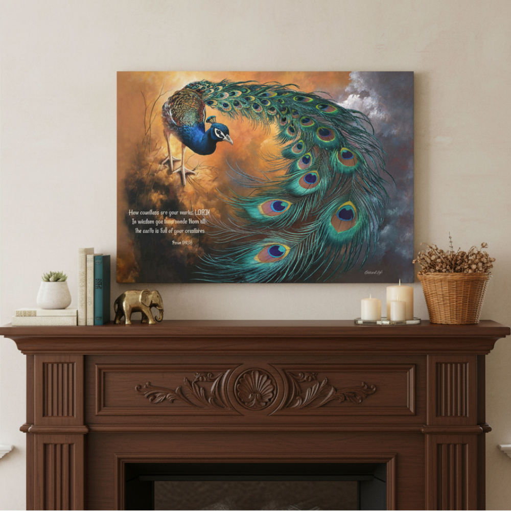Peacock canvas art print - with Psalm 104:24 Bible Quote, Christian art celebrating God's creative power