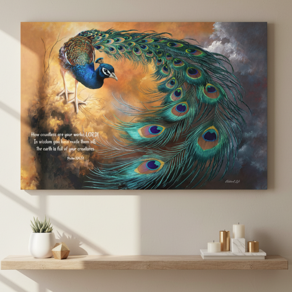 Peacock canvas art print - with Psalm 104:24 Bible Quote, Christian art celebrating God's creative power
