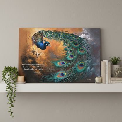 Peacock canvas art print - with Psalm 104:24 Bible Quote, Christian art celebrating God's creative power