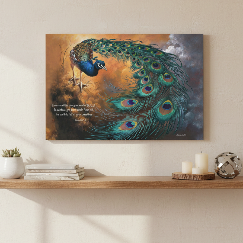 Peacock painting on a wall above a wooden shelf with decor items.
