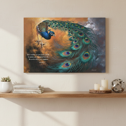Peacock painting on a wall above a wooden shelf with decor items.