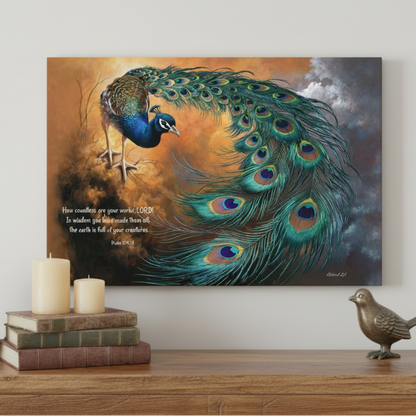 Peacock canvas art print - with Psalm 104:24 Bible Quote, Christian art celebrating God's creative power