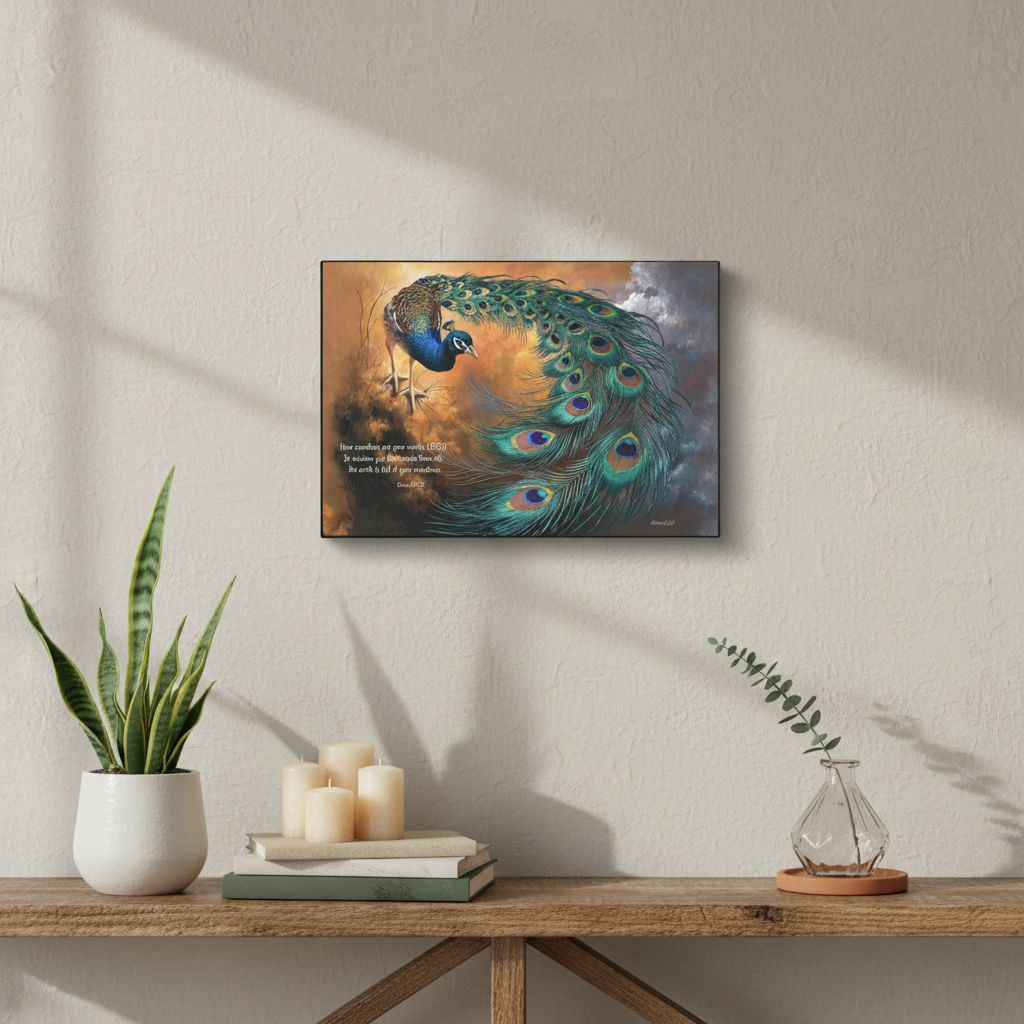 Peacock painting on a wall above a wooden console table with decor items.