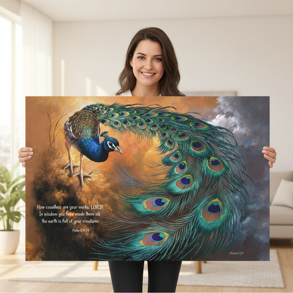 Woman holding a large painting of a peacock with a Bible verse