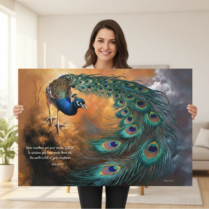 Woman holding a large painting of a peacock with a Bible verse