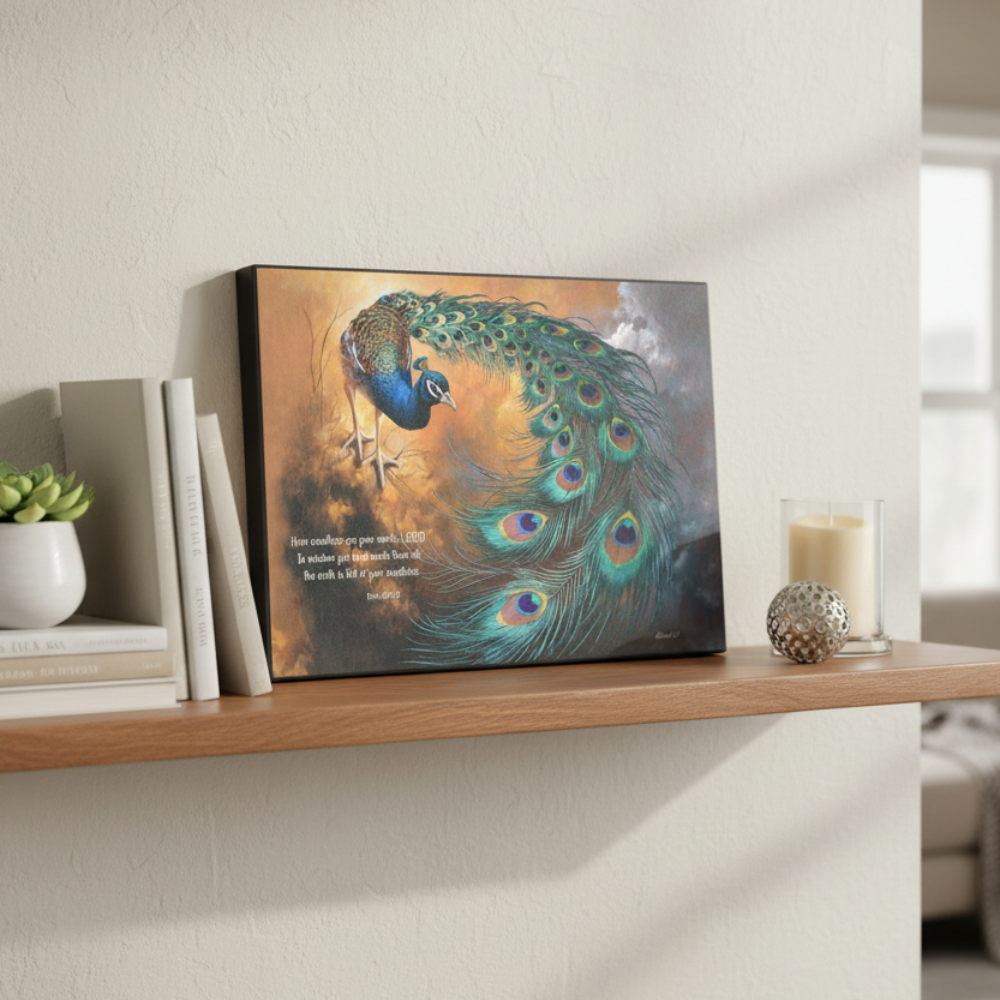 Canvas print of a peacock on a wooden shelf with decor items.