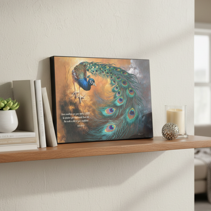 Canvas print of a peacock on a wooden shelf with decor items.