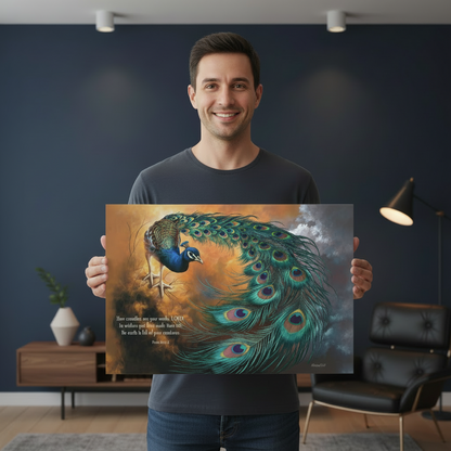 Peacock canvas art print - with Psalm 104:24 Bible Quote, Christian art celebrating God's creative power