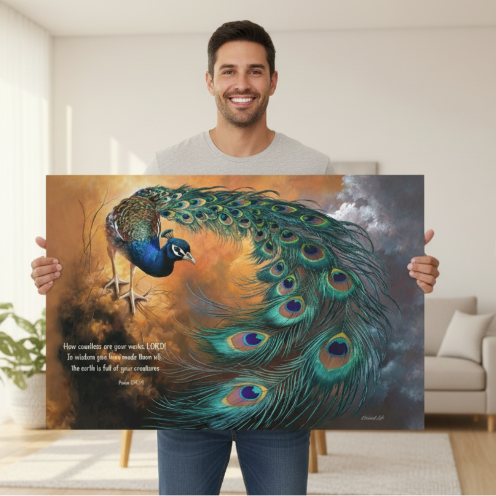 Man holding a large painting of a peacock in a living room.