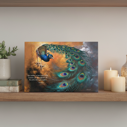 Peacock canvas art print - with Psalm 104:24 Bible Quote, Christian art celebrating God's creative power