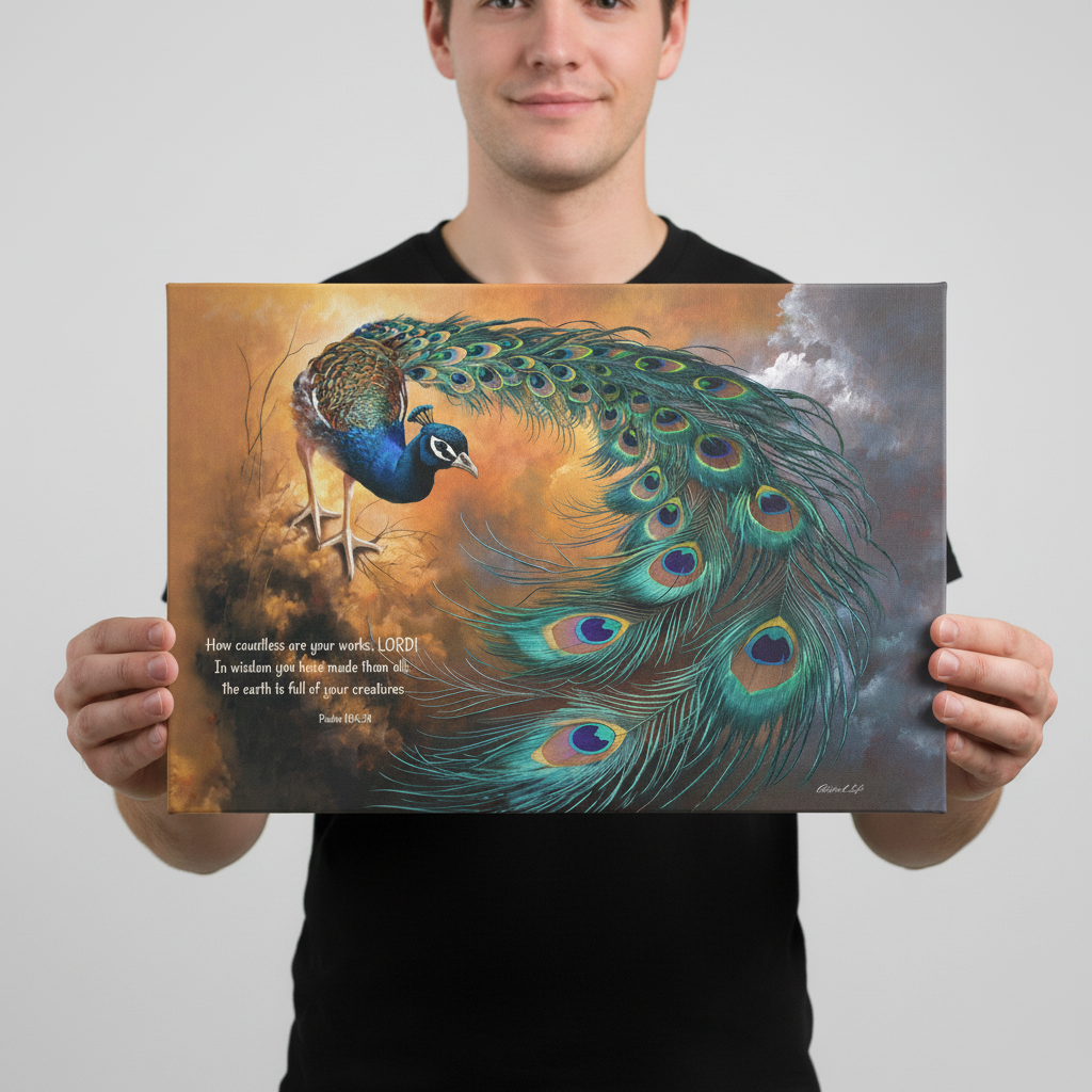 Peacock canvas art print - with Psalm 104:24 Bible Quote, Christian art celebrating God's creative power