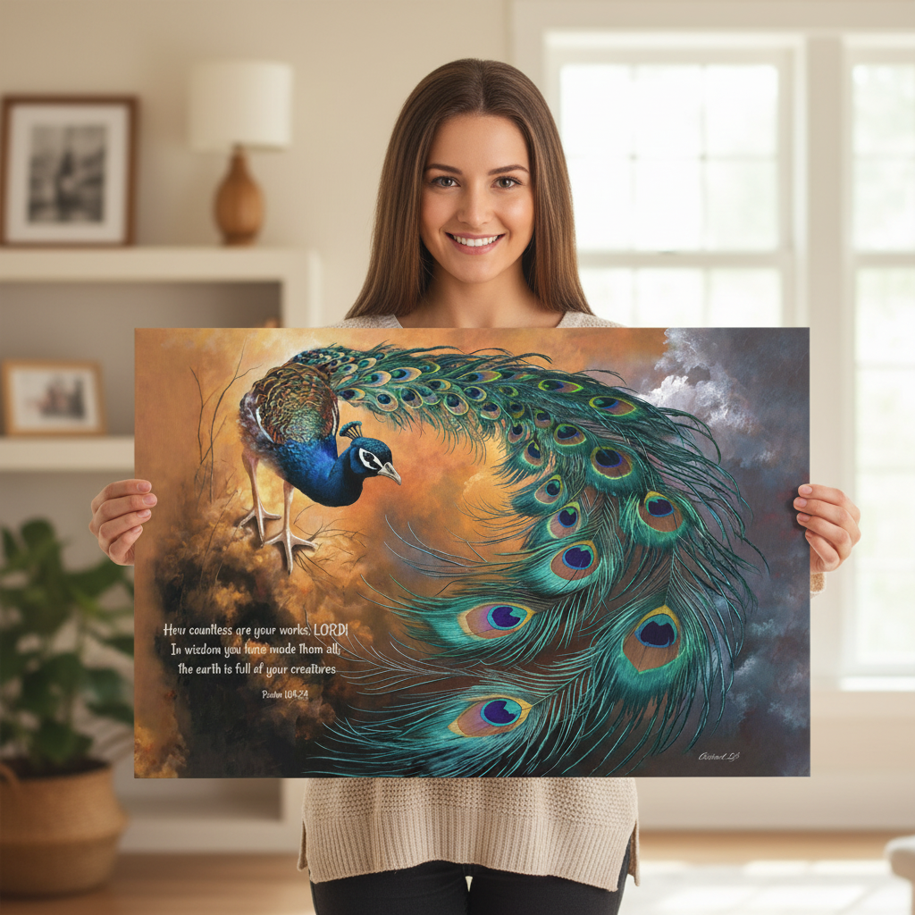 Woman holding a painting of a peacock in a home setting
