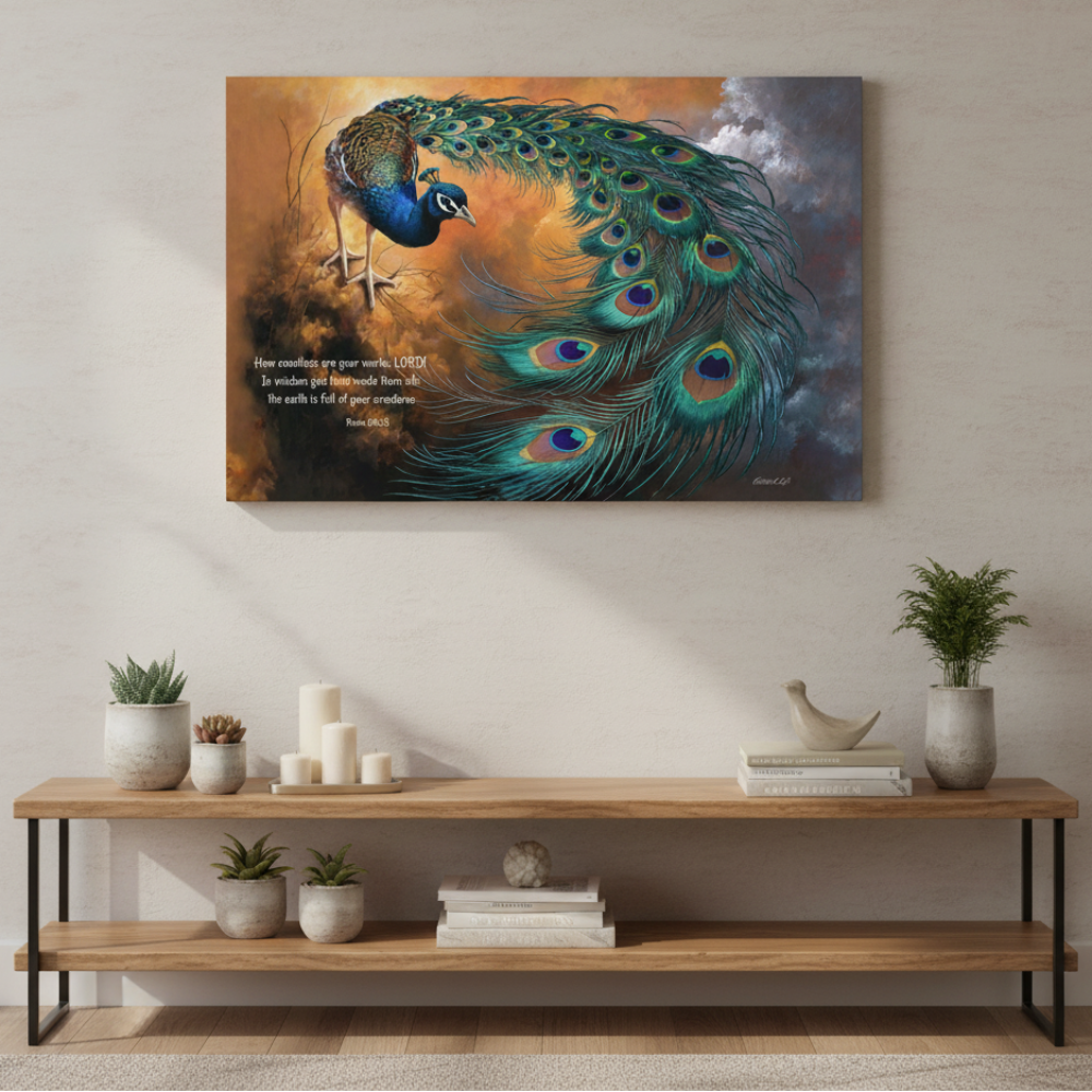 Peacock canvas art print - with Psalm 104:24 Bible Quote, Christian art celebrating God's creative power