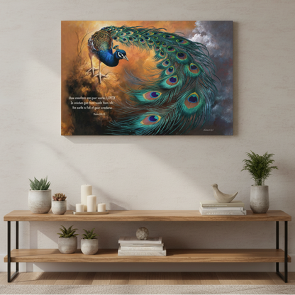 Peacock canvas art print - with Psalm 104:24 Bible Quote, Christian art celebrating God's creative power