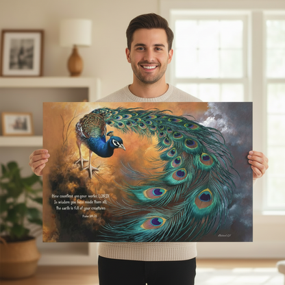 Man holding a painting of a peacock in a room with decor elements.