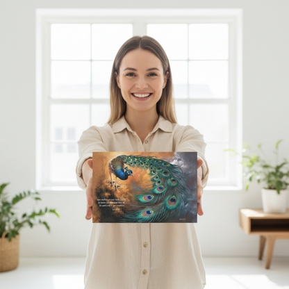 Woman holding a framed peacock feather art print in a bright room with plants.