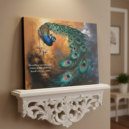 Peacock canvas art print - with Psalm 104:24 Bible Quote, Christian art celebrating God's creative power