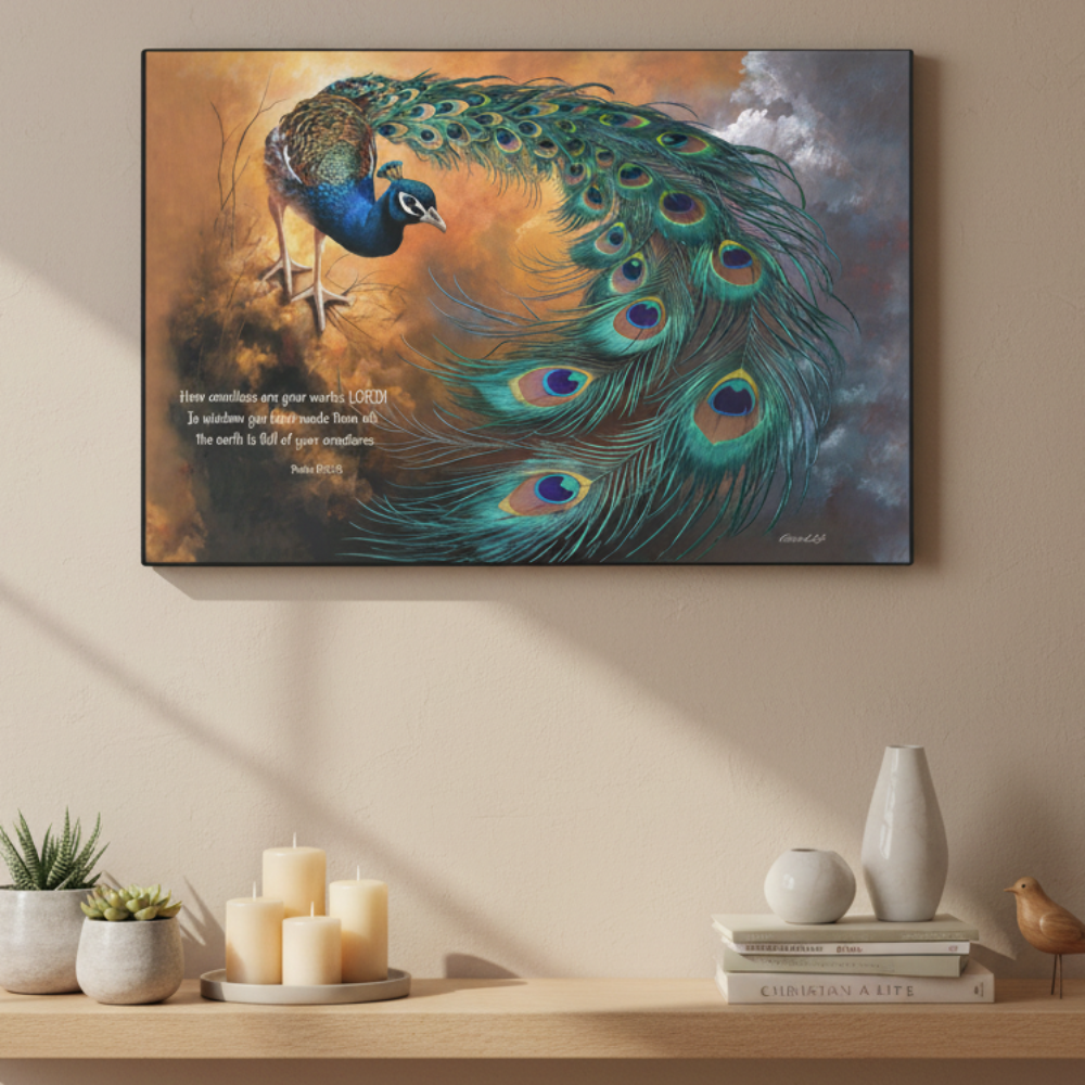 Peacock painting on a wall above a shelf with candles and decor items.