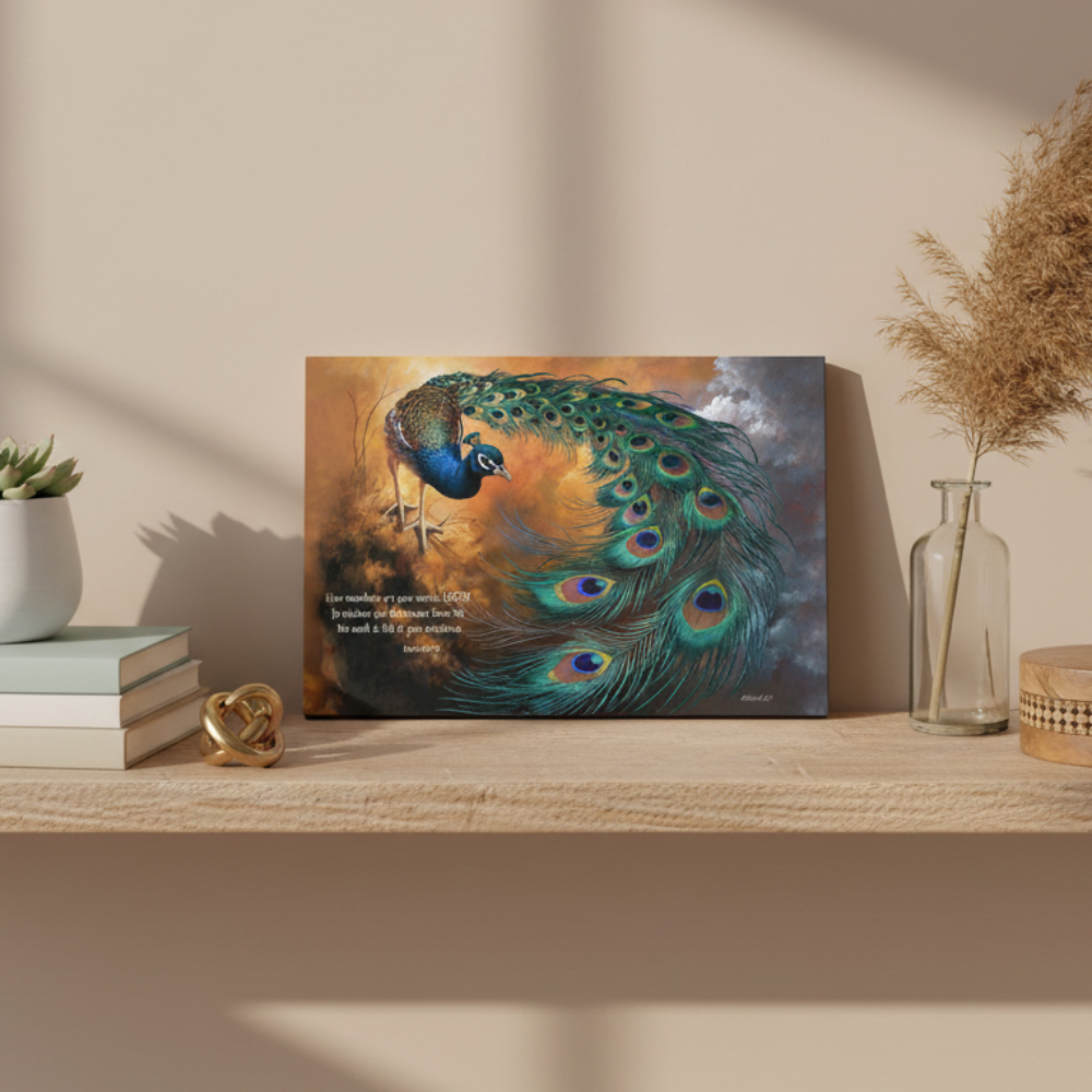 Peacock canvas art print - with Psalm 104:24 Bible Quote, Christian art celebrating God's creative power