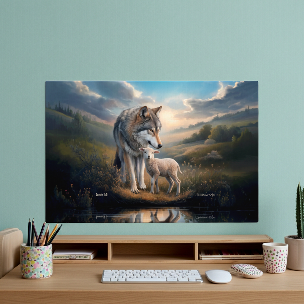Wolf and Lamb Reflection, Christian Wall Art, Gallery Wrapped Canvas, Isaiah 11:6
