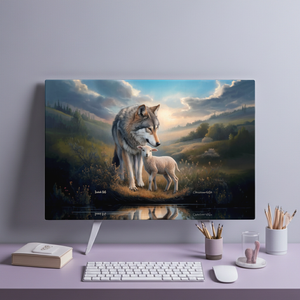 Wolf and Lamb Reflection, Christian Wall Art, Gallery Wrapped Canvas, Isaiah 11:6