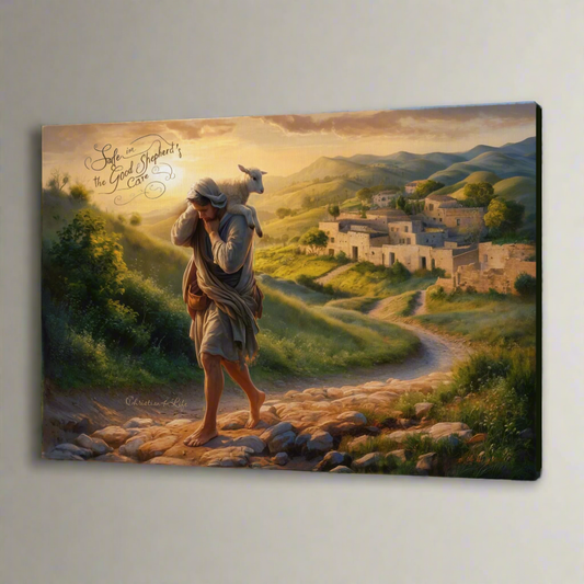 "Safe in the Good Shepherd's care" Gallery Wrapped Christian Wall Art Canvas (3:2)