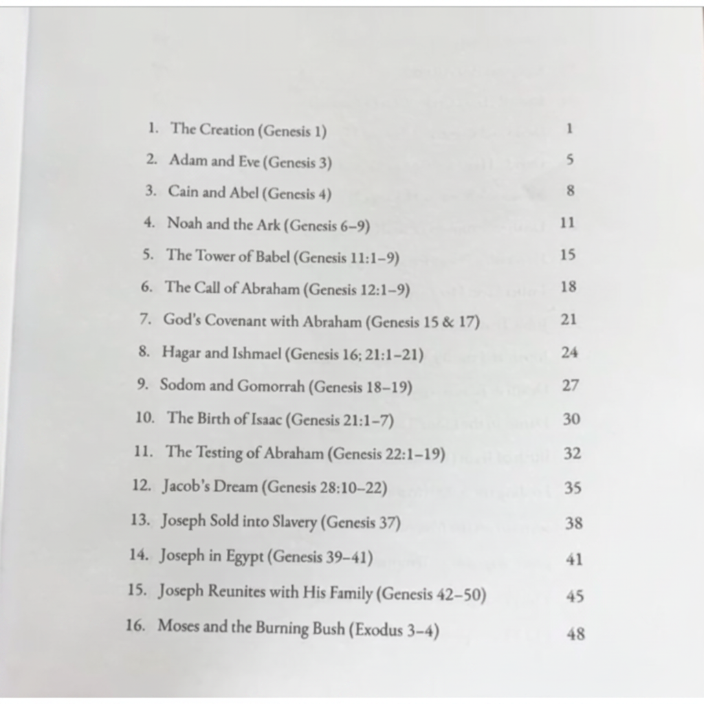 Table of contents for a book on biblical stories, with chapter titles and page numbers.