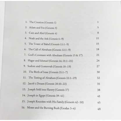 Table of contents for a book on biblical stories, with chapter titles and page numbers.