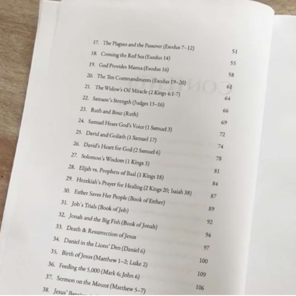 Open book with a list of chapter titles and page numbers on a wooden surface